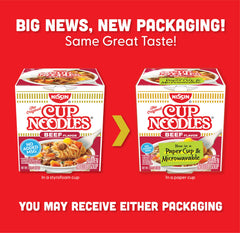 Nissin Cup Noodles Beef Flavor noodles and vegetables; hearty bite in minutes.