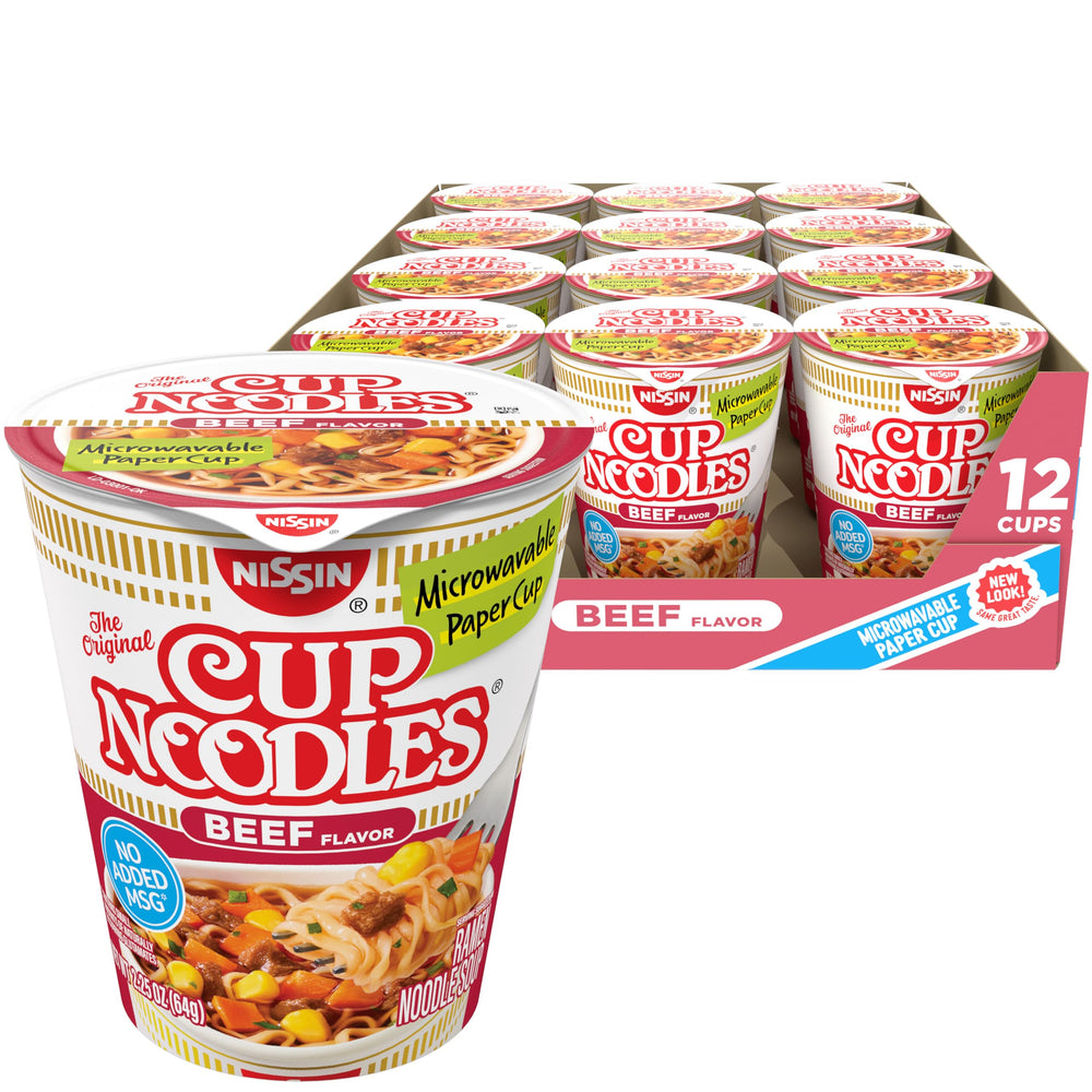 Nissin Cup Noodles Beef Flavor pack-front; quick comfort for busy days.