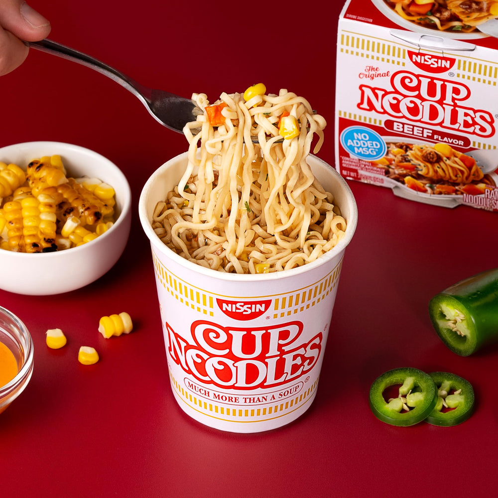 Nissin Cup Noodles Beef Flavor preparation-instructions; simple boil-and-serve steps.