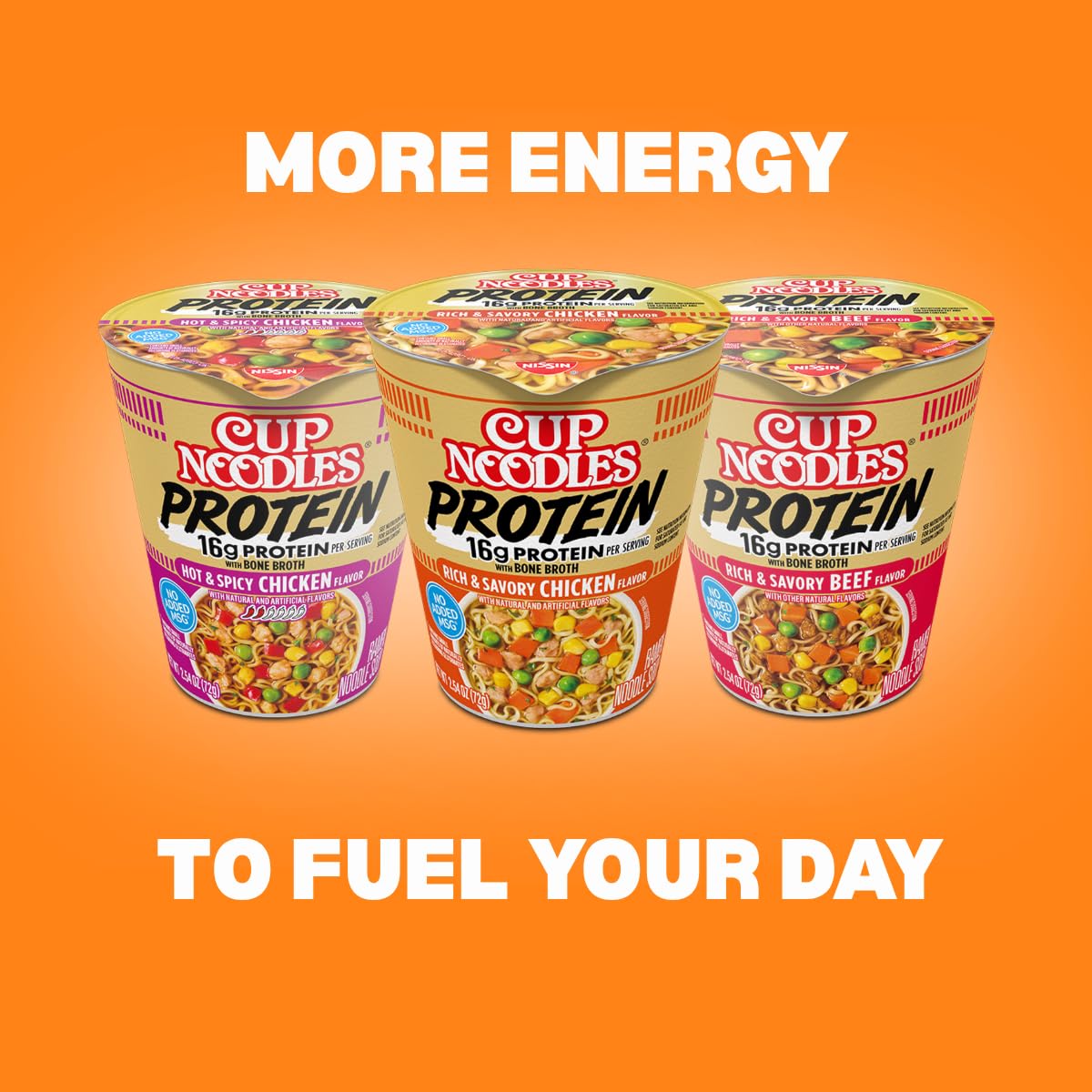 NISSIN Cup Noodles Protein 6-pack pantry display.