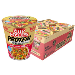 NISSIN Cup Noodles Protein Beef — front view, convenient protein boost for meals.