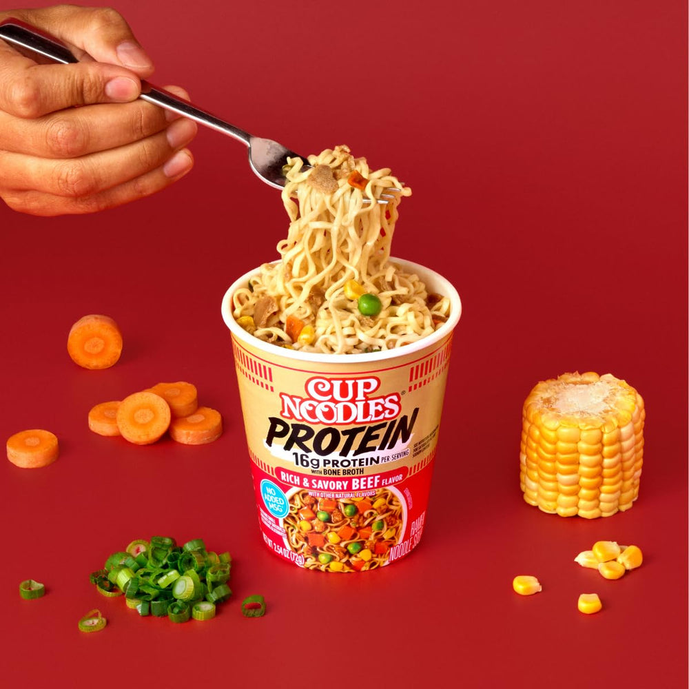 NISSIN Cup Noodles Protein Beef label — highlights bone broth and protein.