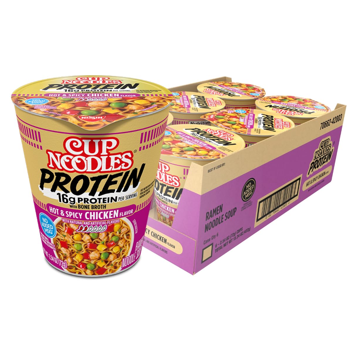 NISSIN Cup Noodles Protein hot and spicy chicken cup with steaming noodles and broth on-the-go protein boost