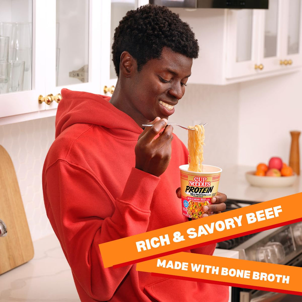 NISSIN Cup Noodles Protein — microwave prep scene for fast meals.