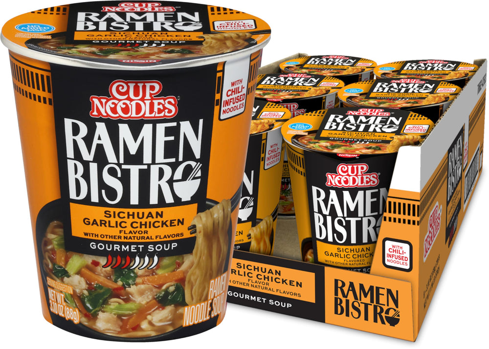 NISSIN Cup Noodles Ramen Bistro Sichuan Garlic Chicken bowl—bold heat, quick meal.