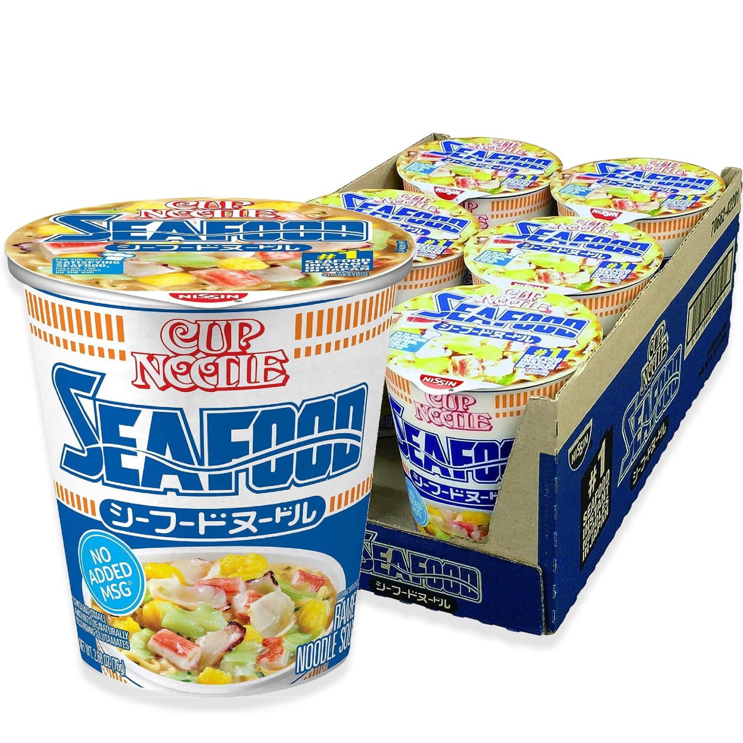 Nissin Cup Noodles Seafood cup front, convenient ocean-flavored meal for busy days.