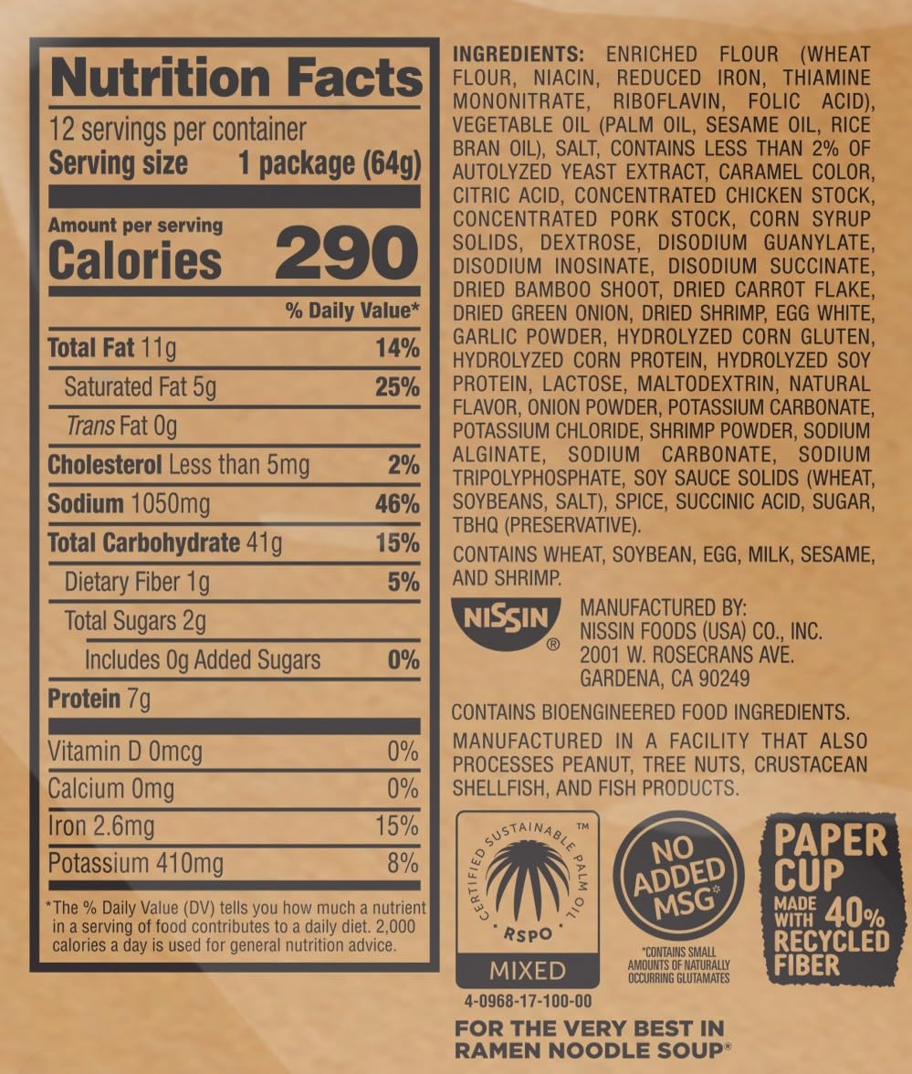 NISSIN Cup Noodles Shrimp Ingredients Closeup highlights savory broth and vegetables.