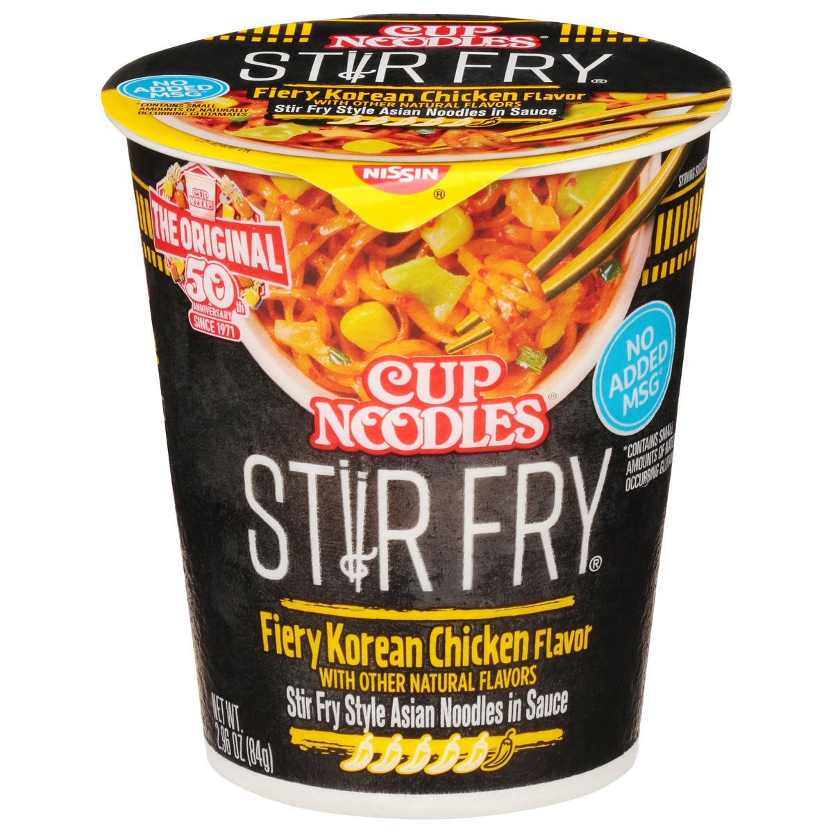 NISSIN Cup Noodles Stir Fry Fiery Chicken cup front view for quick meals