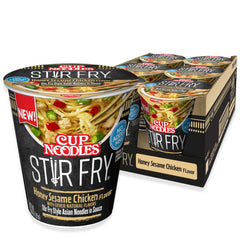 NISSIN Cup Noodles Stir Fry Honey Sesame Chicken packaging opening—quick, convenient meal for busy days.