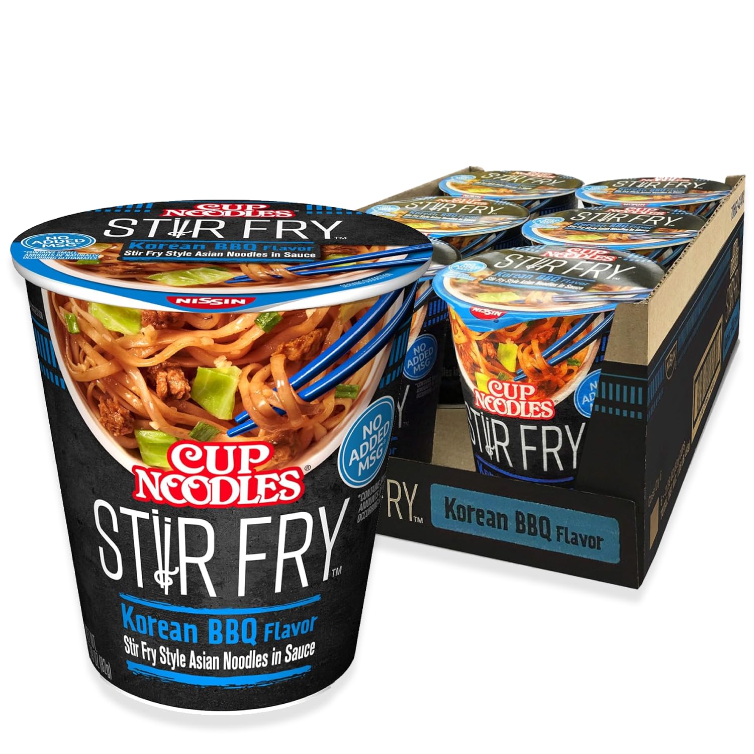 Nissin Cup Noodles Stir Fry Korean BBQ noodles with vegetables, microwave-ready meal.