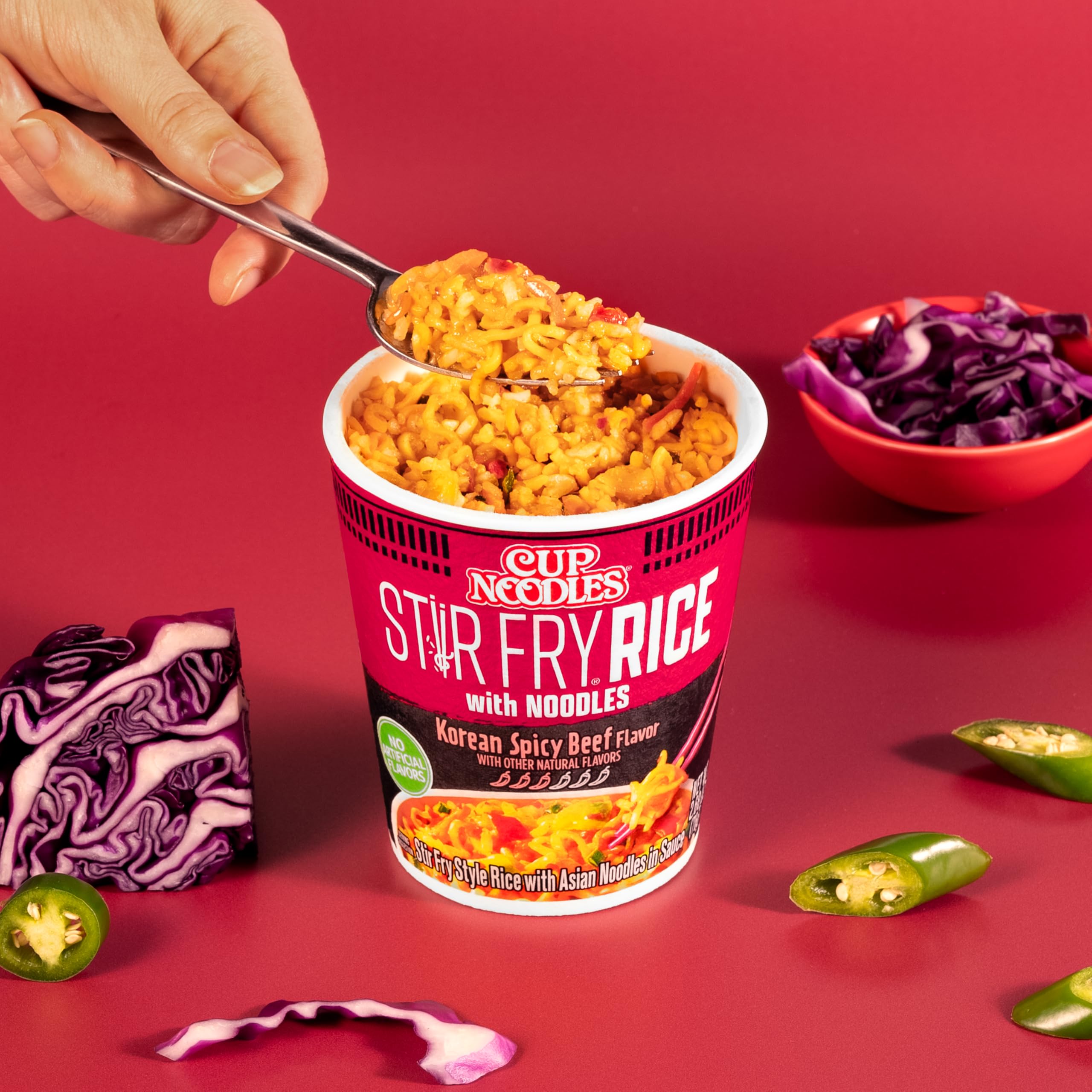 NISSIN Cup Noodles Stir Fry Rice with Noodles showcasing crushed noodles for added bite.
