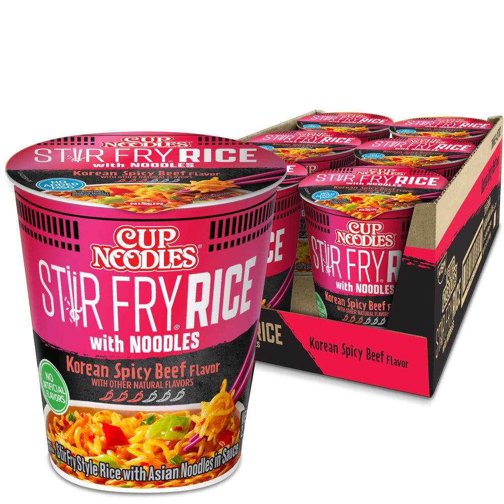 NISSIN Cup Noodles Stir Fry rice-noodles 6-pack, convenient single-serving meals.
