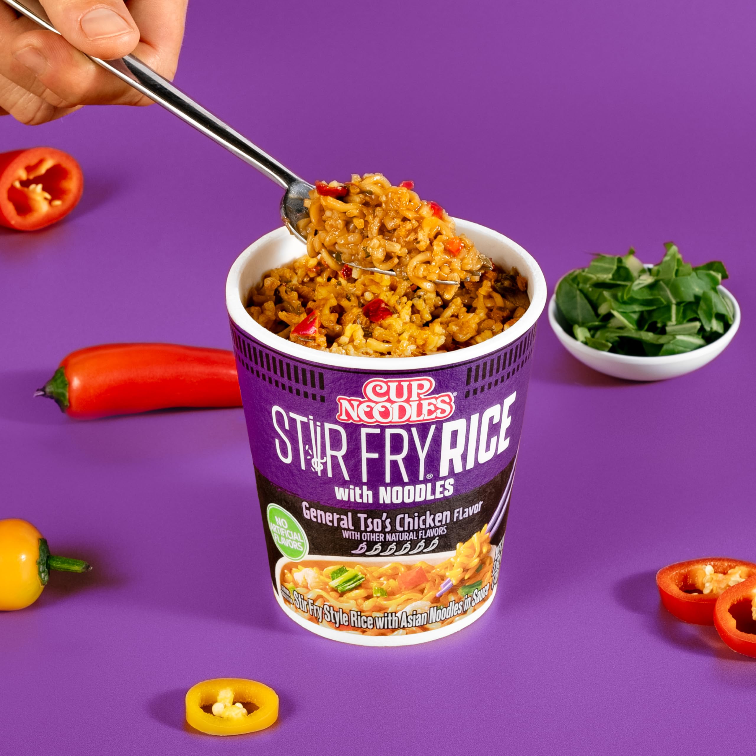 NISSIN Cup Noodles Stir Fry Rice with Noodles General Tso's Chicken colorful vegetables close-up