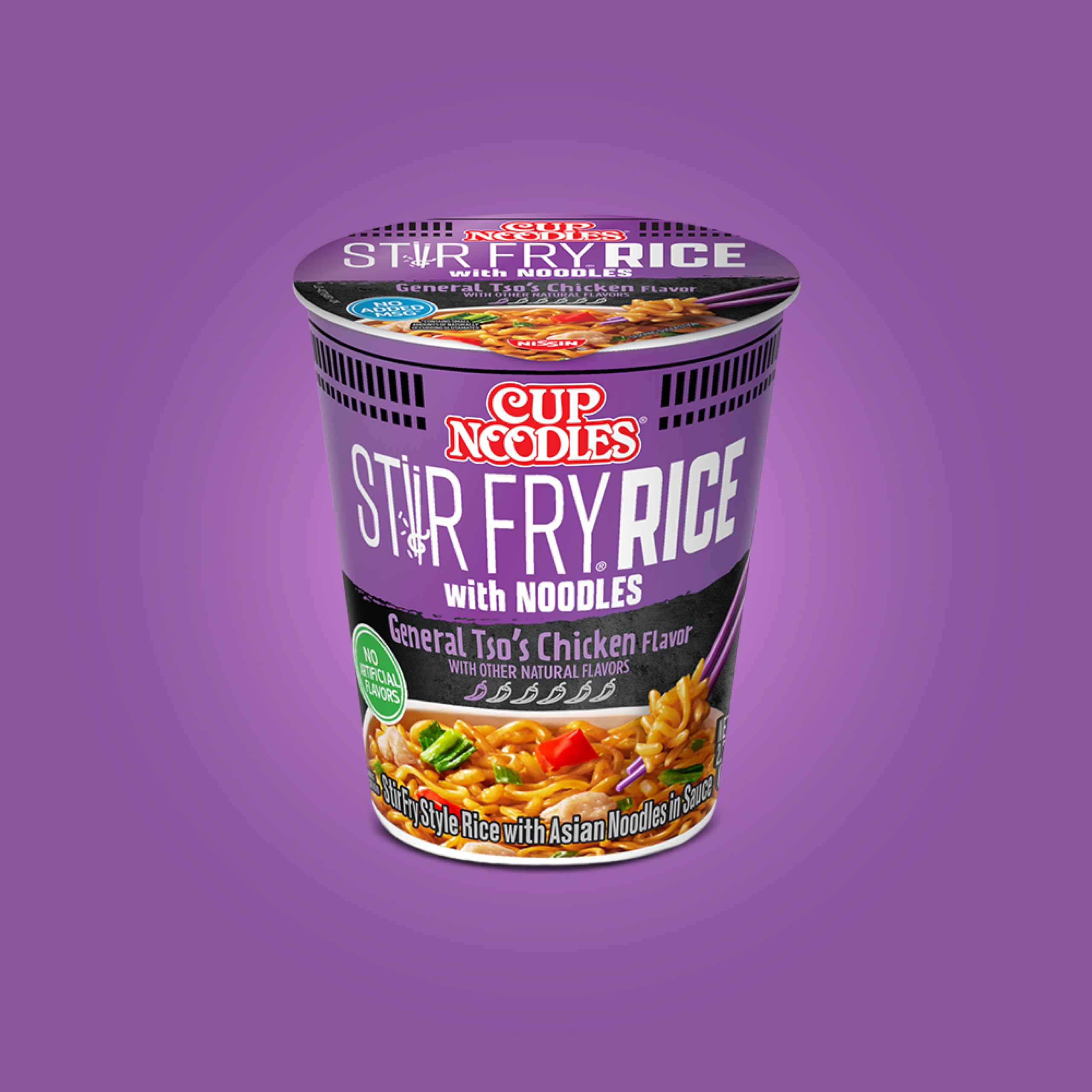NISSIN Cup Noodles Stir Fry Rice with Noodles General Tso's Chicken served in a savory bowl