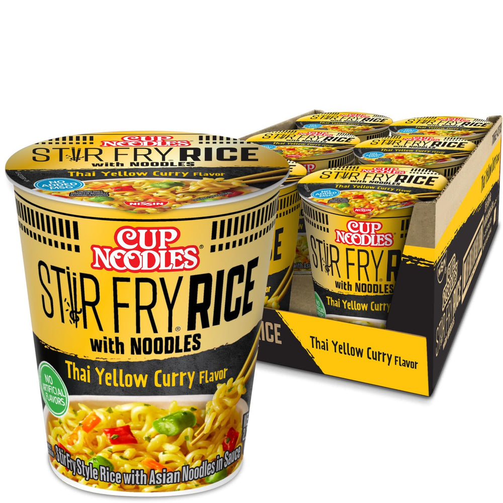 NISSIN Cup Noodles Stir Fry Rice with Noodles Thai Yellow Curry pack6 front, quick meal option.