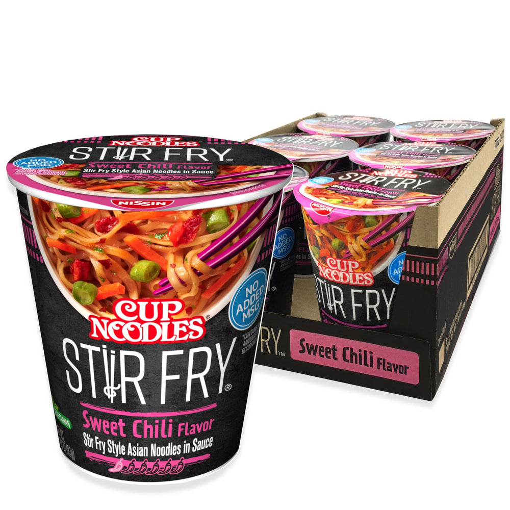 NISSIN Cup Noodles Stir Fry Sweet Chili pack with six servings, ready in minutes