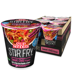 NISSIN Cup Noodles Stir Fry Sweet Chili pack with six servings, ready in minutes