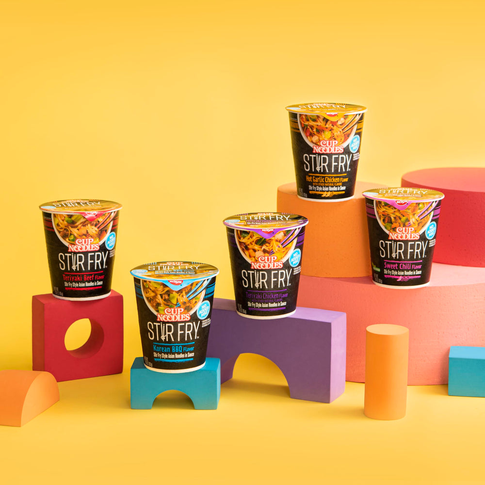 Ready-to-heat NISSIN Cup Noodles Stir Fry Sweet Chili in microwave