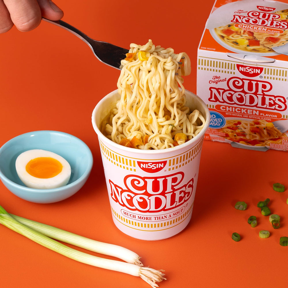 Nissin Cup Noodles vegetables close-up with hearty mix