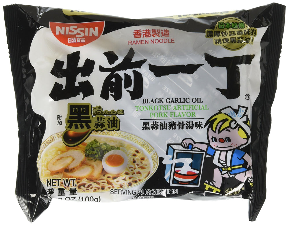 Nissin Demae Black Garlic Oil Tonkotsu Pork Flavor front pack view for quick dinner option.