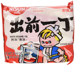 Nissin Demae Ramen sesame oil pack with 3.5 oz bottle, convenient for quick meals.