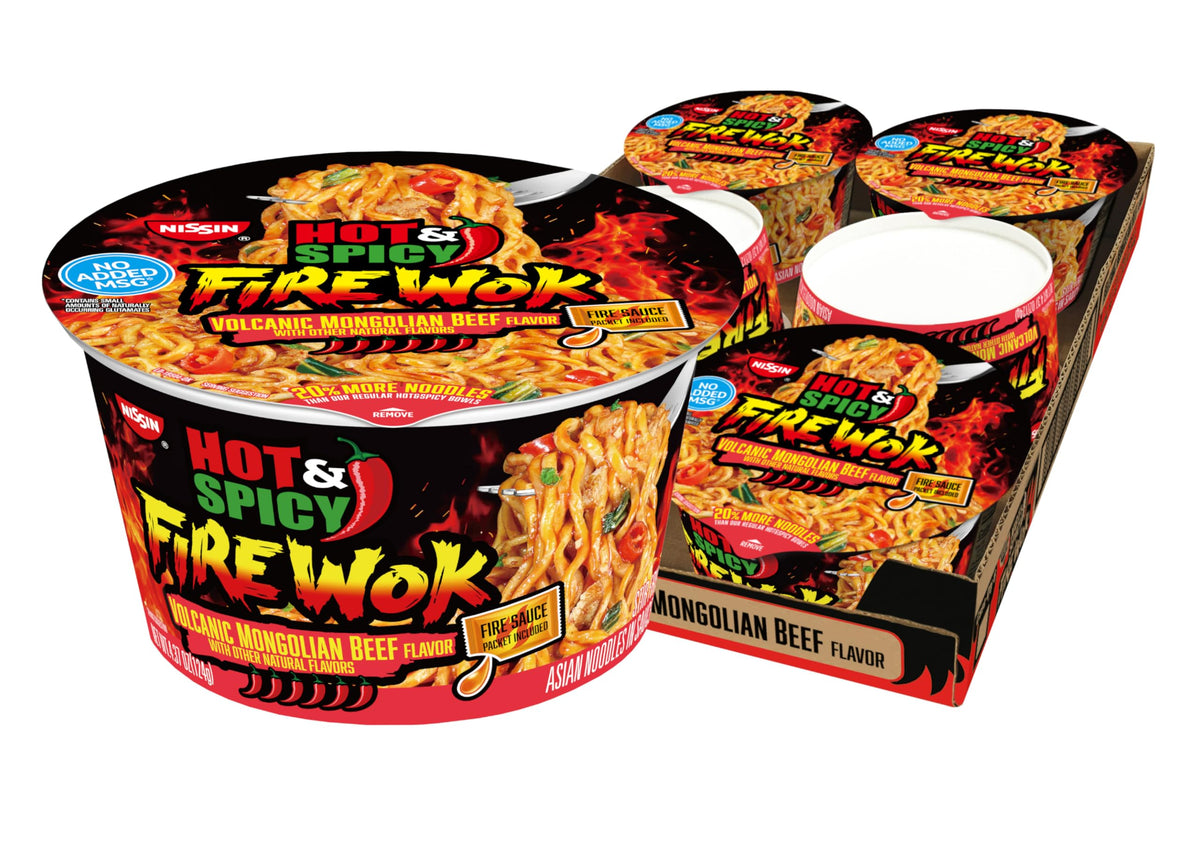 NISSIN Hot & Spicy Fire Wok packaging front designed for quick meals and bold flavor