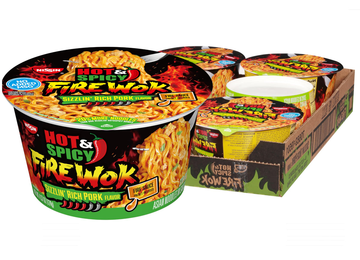 NISSIN Hot & Spicy Fire Wok sauce packet close-up for bold flavor boost.
