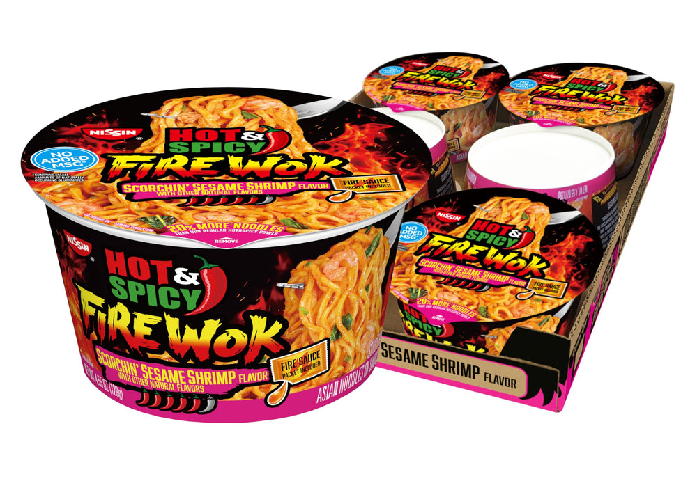 NISSIN Hot & Spicy Fire Wok steaming bowl for a bold, quick meal.