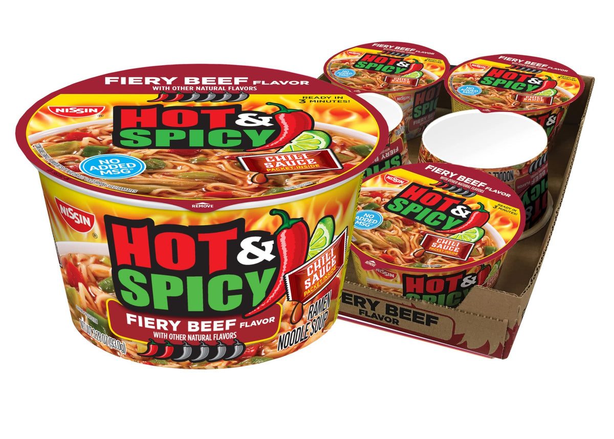 Nissin Hot and Spicy ramen six-pack for quick meals