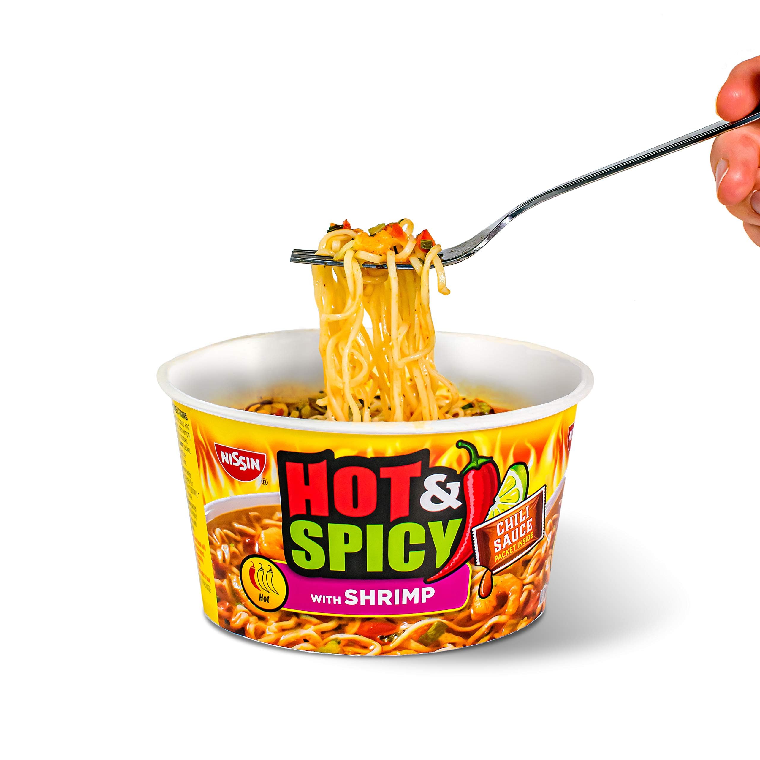 NISSIN Hot & Spicy Shrimp ramen with mixed vegetables delivers texture and color.