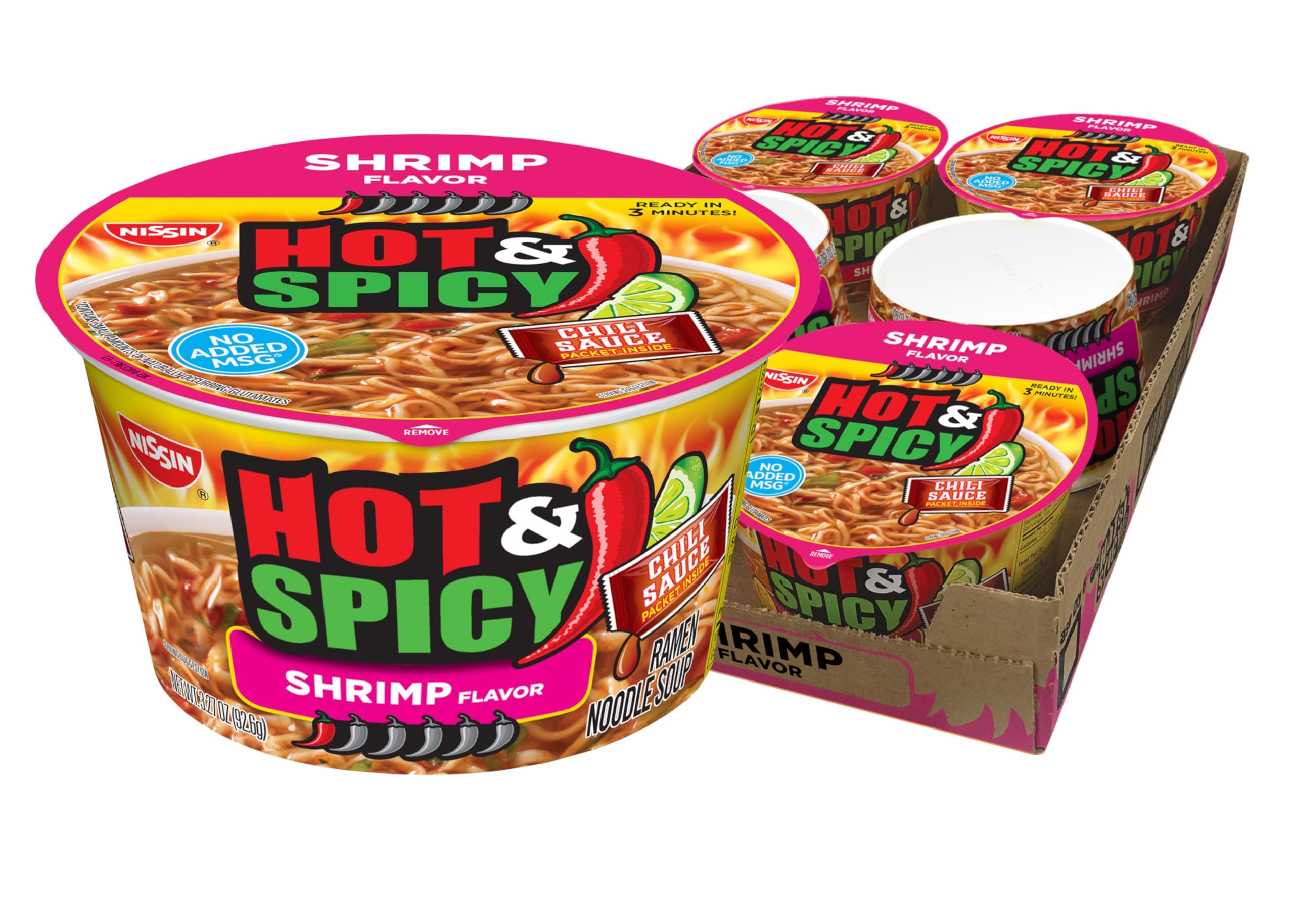 NISSIN Hot & Spicy Shrimp ramen noodles in a steaming bowl for a quick lunch.