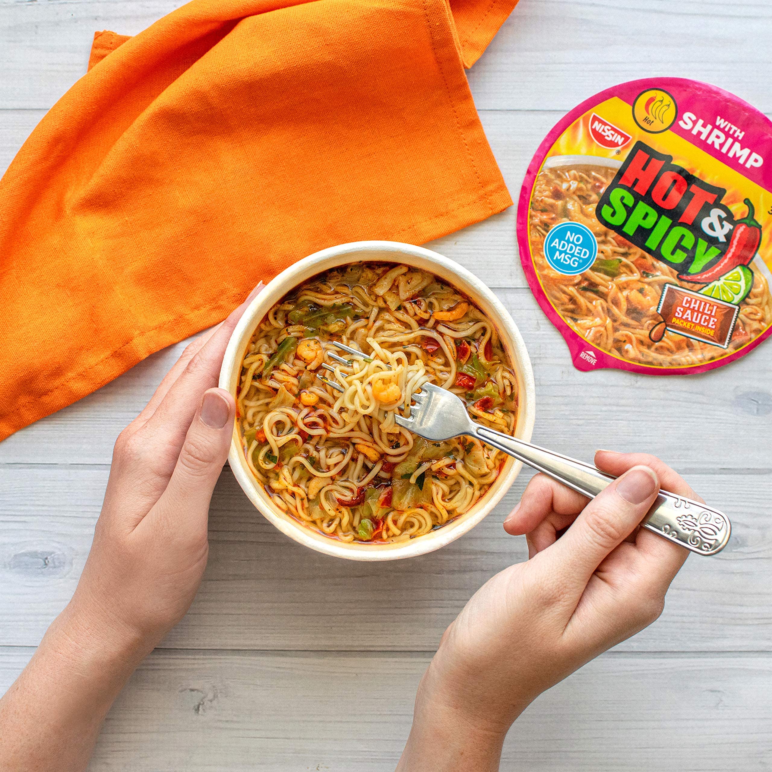 NISSIN ramen with no added MSG offers flavorful spice without additives.