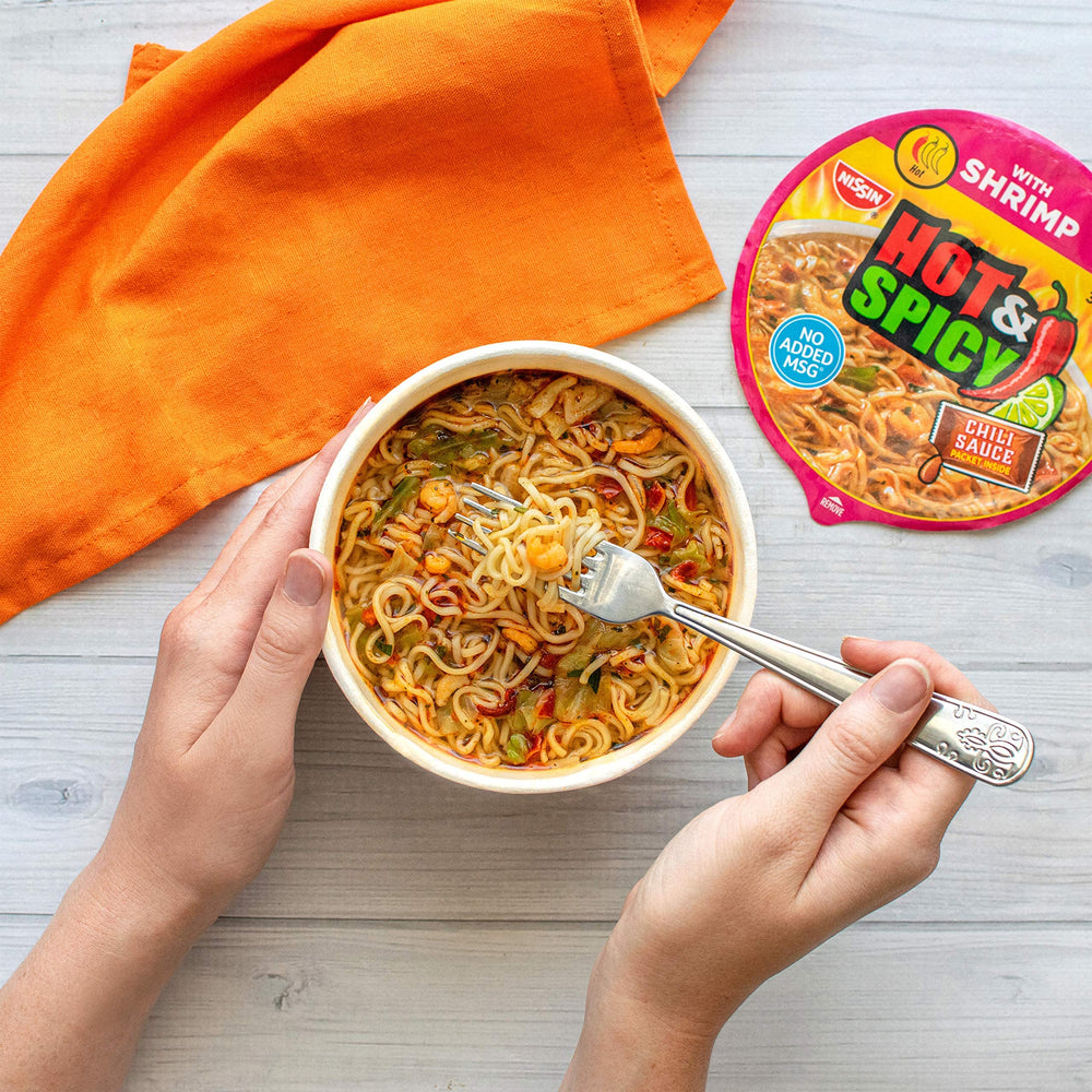 NISSIN ramen with no added MSG offers flavorful spice without additives.
