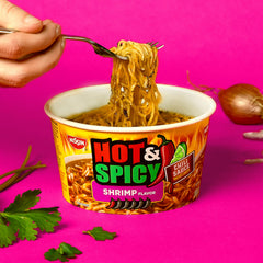NISSIN Hot & Spicy Shrimp ramen chili-lime sauce adds bold citrus heat.