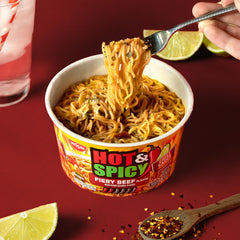 Nissin ramen noodles in steaming bowl ready in minutes