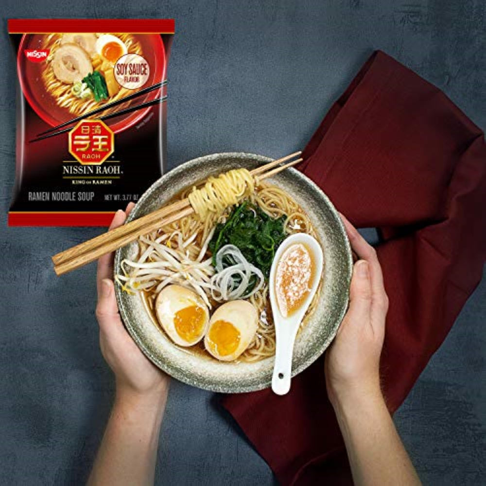 NISSIN RAOH broth-steaming porcelain bowl shows fragrant soy sauce aroma
