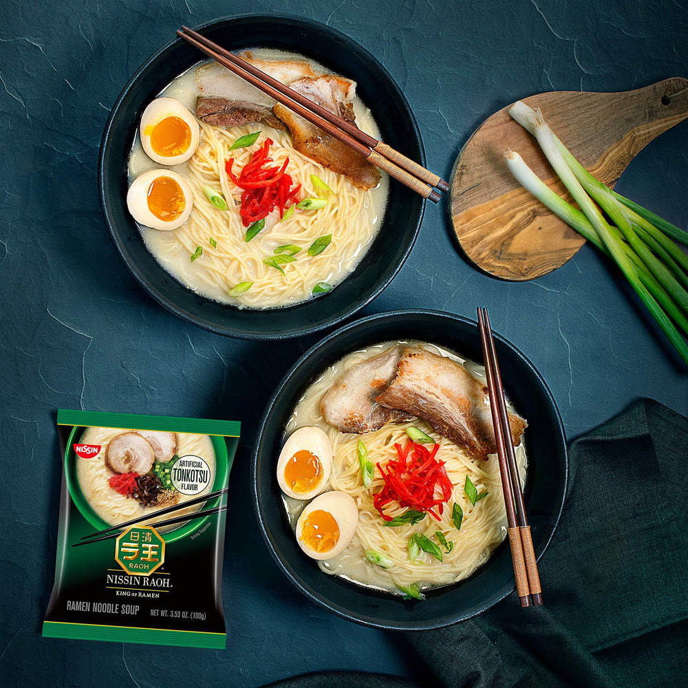 Nissin RAOH Tonkotsu serving in a clean bowl with toppings.