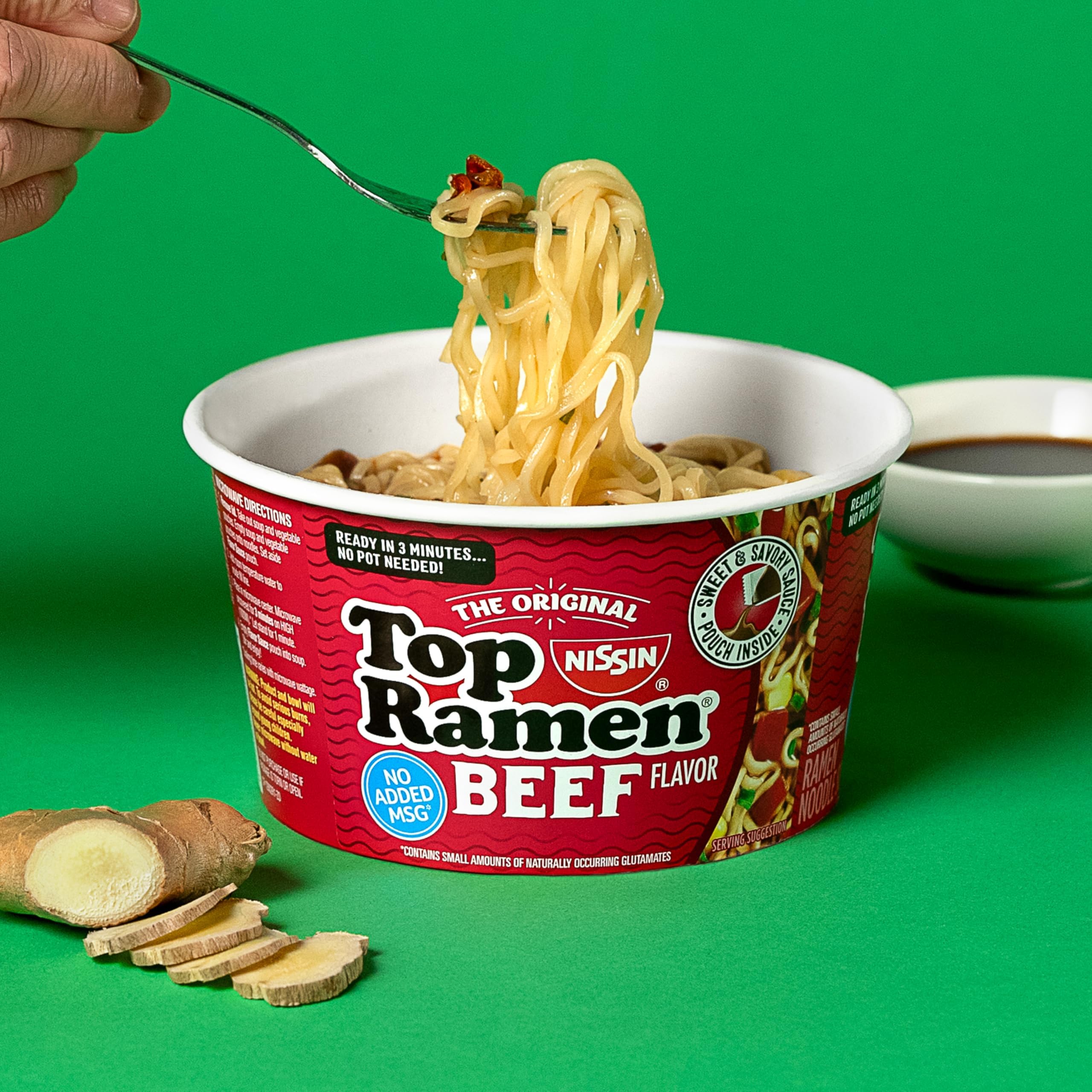 NISSIN Top Ramen Beef bowl with no added MSG.