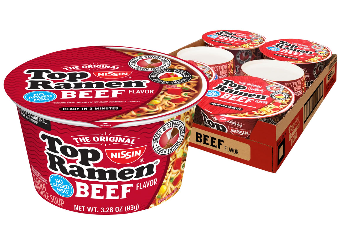 NISSIN Top Ramen Beef bowl ready in 3 minutes for a quick meal.