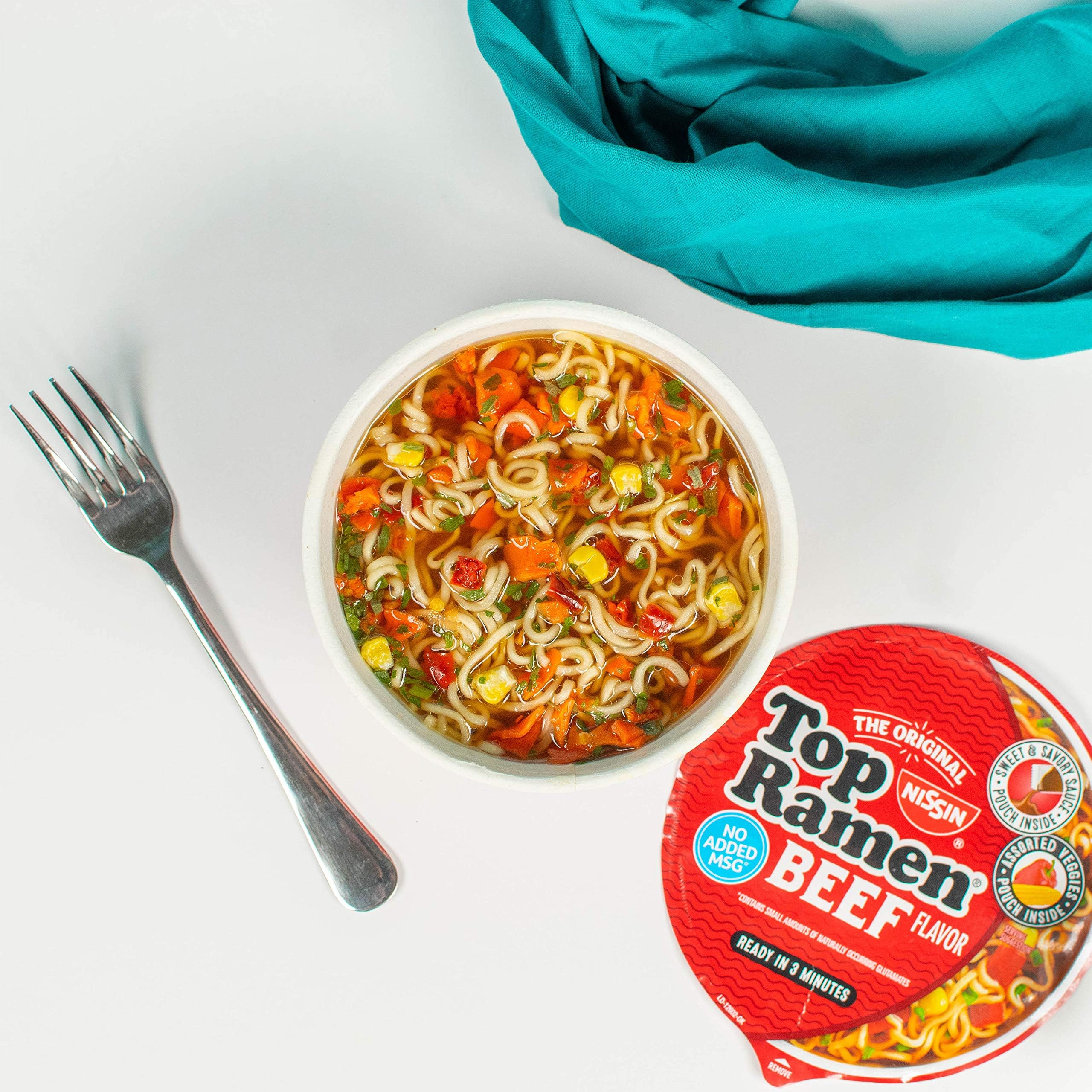 NISSIN Top Ramen Beef with tangy teriyaki sauce included.