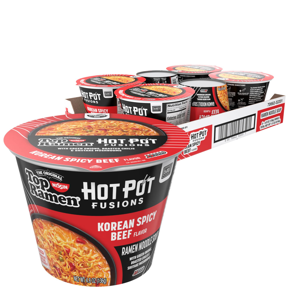 NISSIN Top Ramen HotPot Fusions Korean Spicy Beef ingredients close-up, quick flavorful meal.