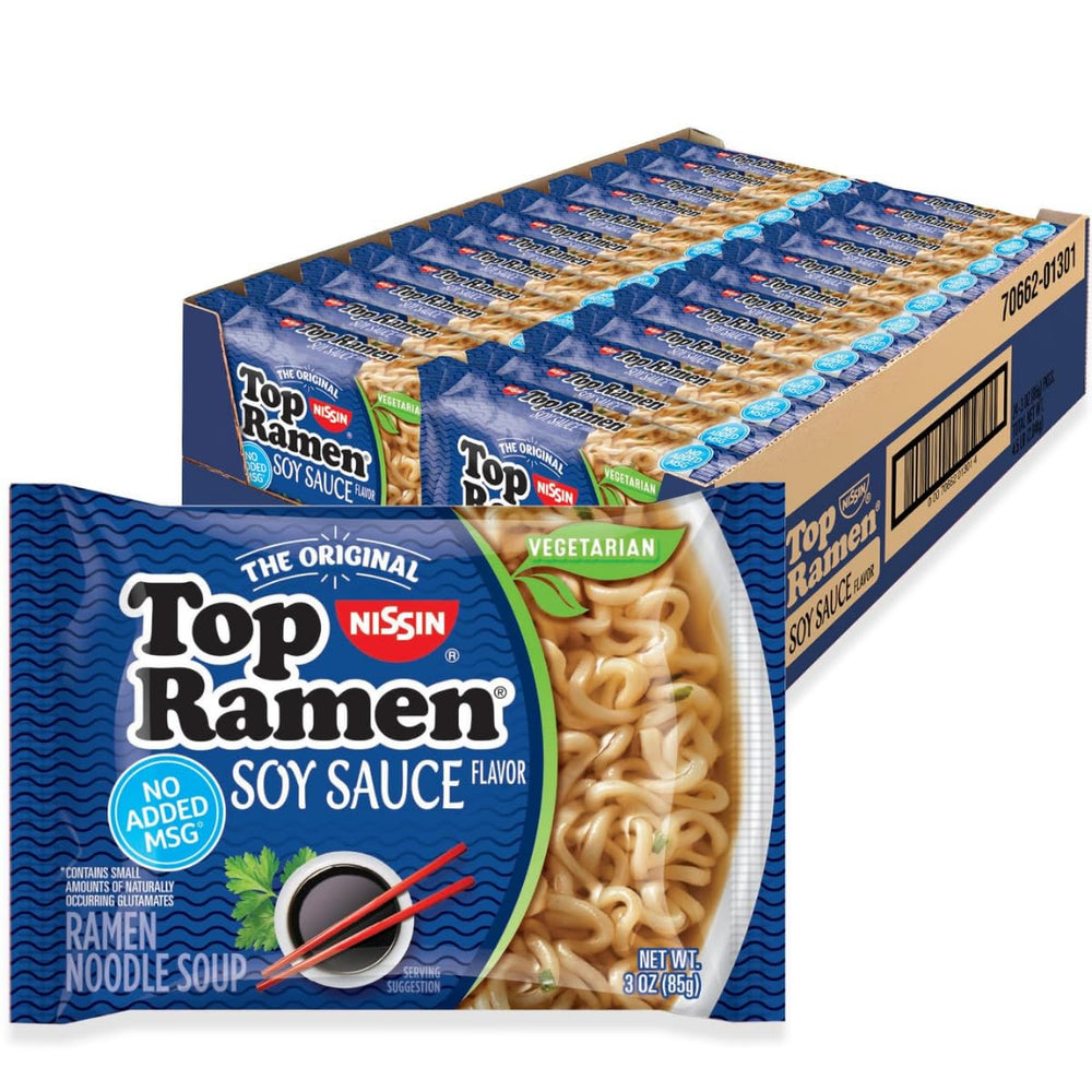 Nissin Top Ramen soy sauce bowl, ideal for quick meals.