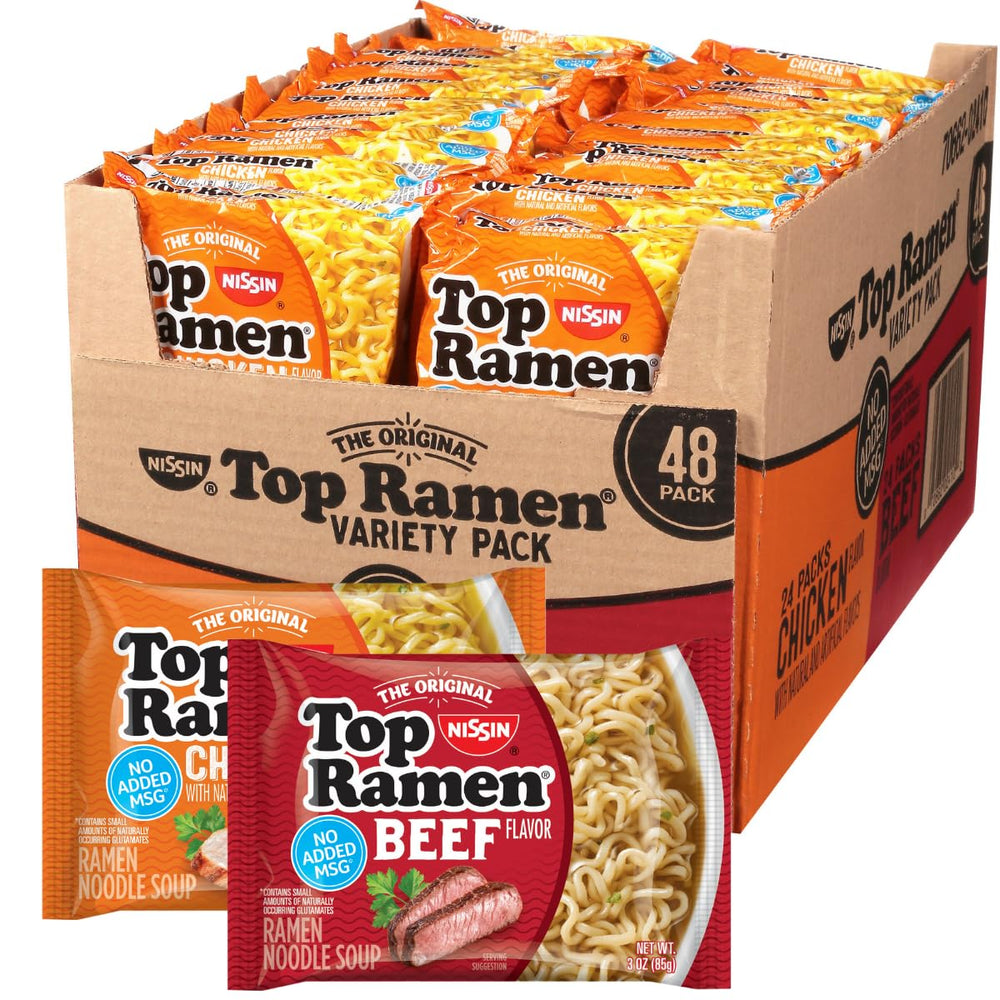 Nissin Top Ramen variety pack front view for pantry meals