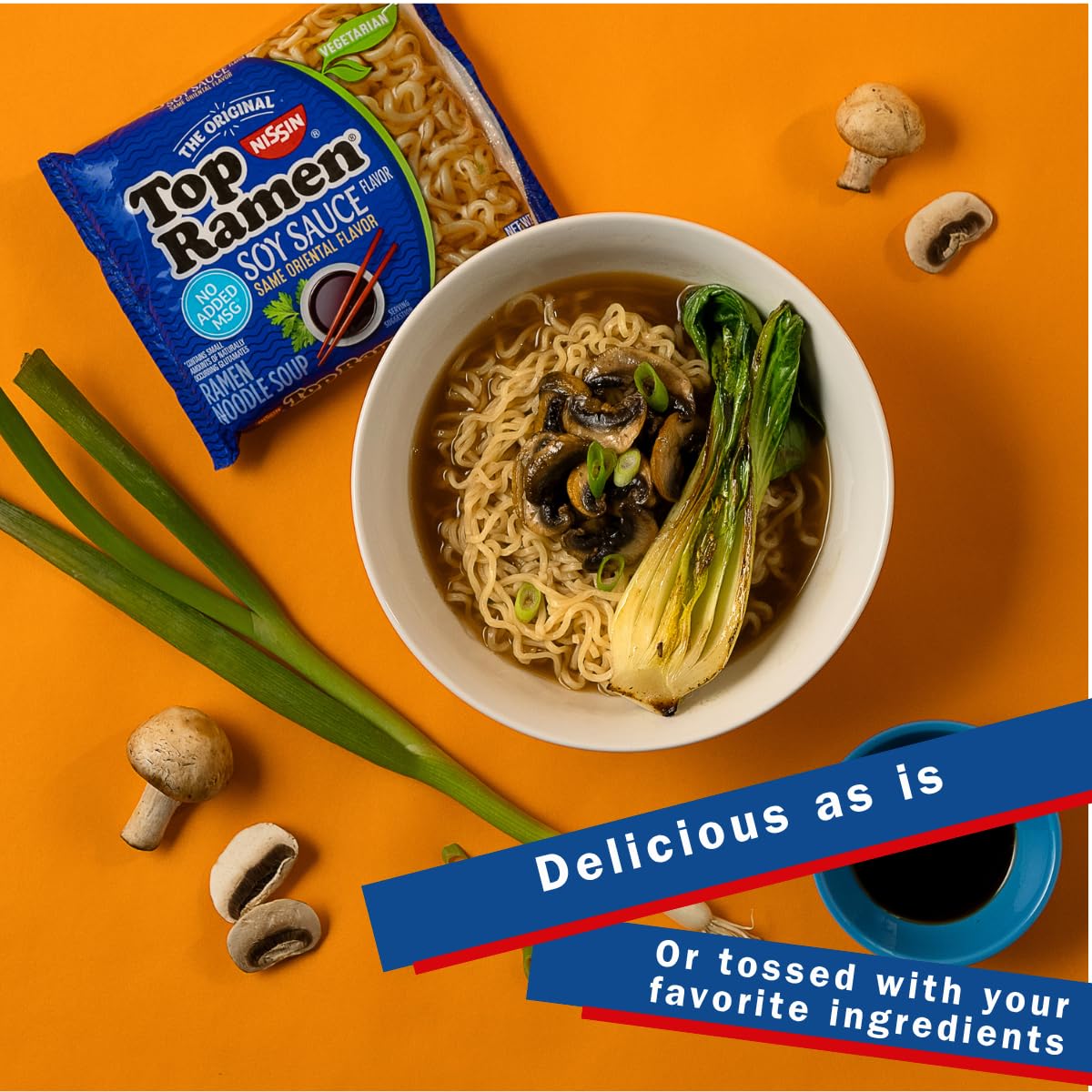 Nissin Top Ramen veggies with red bell pepper boost color and taste.