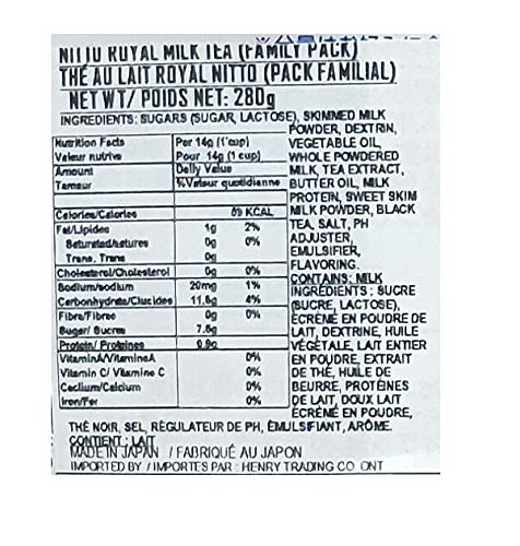 Nitto Kocha Instant Royal Milk Tea packaging, product of Japan highlights authentic craftsmanship.
