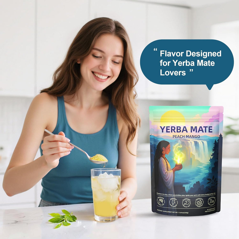 NIUSISE Yerba Mate Instant Tea powder and ingredients label emphasizing natural formula