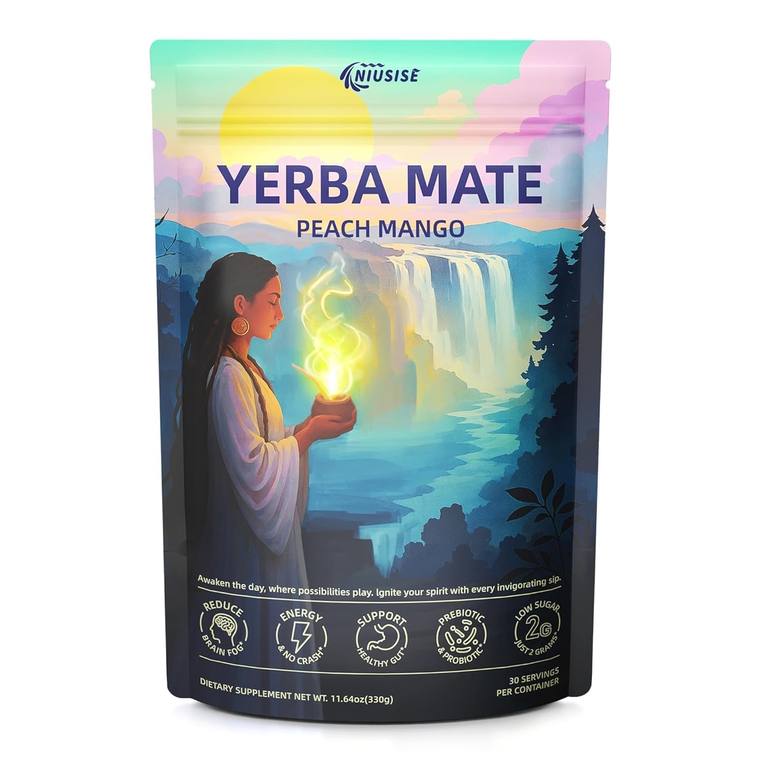 NIUSISE Yerba Mate Instant Tea Peach Mango packaging showing convenient energy boost