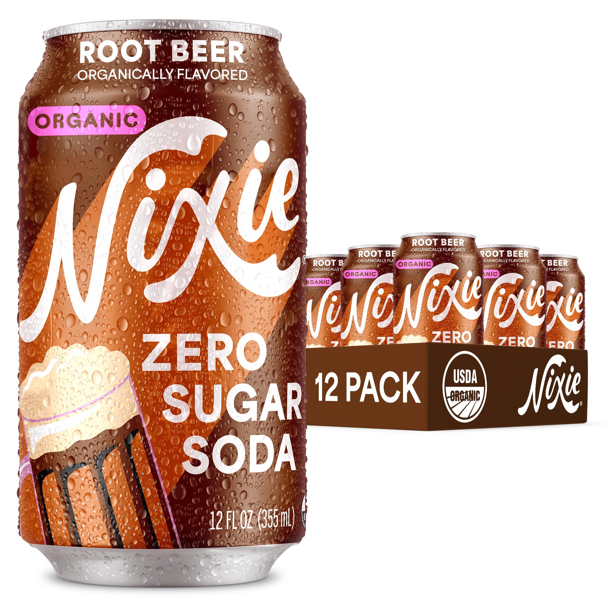 Nixie Root Beer can on table shows zero sugar and zero calories.