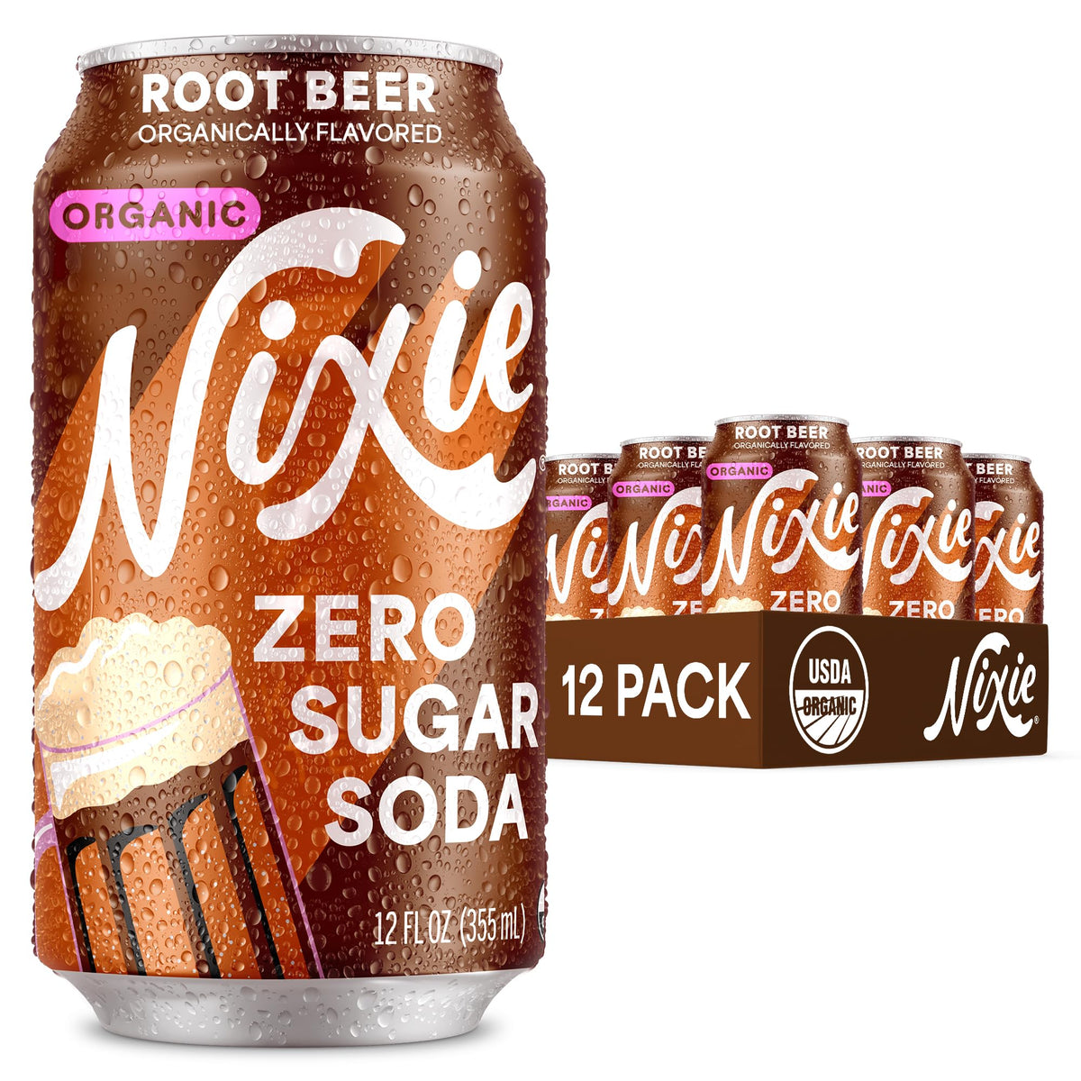 Nixie Root Beer can on table shows zero sugar and zero calories.