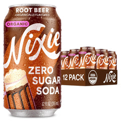 Nixie Root Beer can on table shows zero sugar and zero calories.
